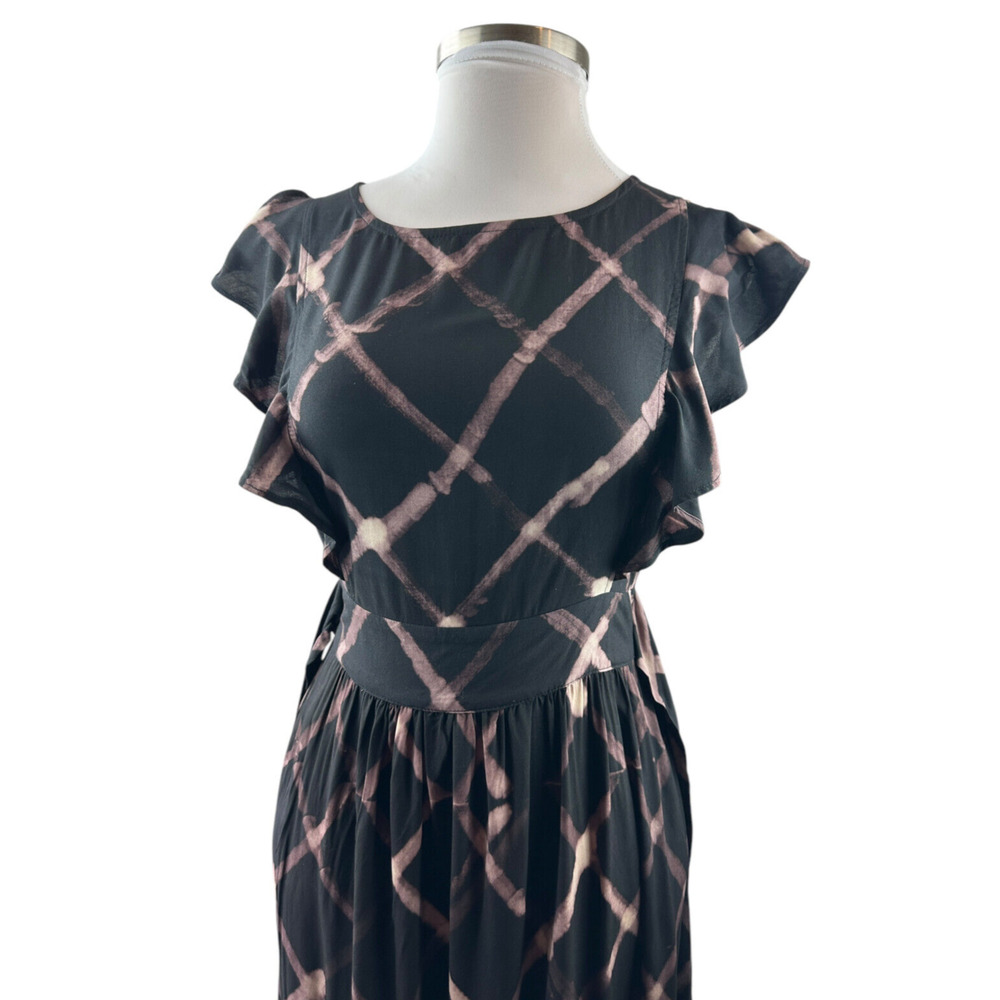 The Odells Seville Ruffle Maxi Dress Printed Tie Belt Pockets Black Size Small - Picture 4 of 16